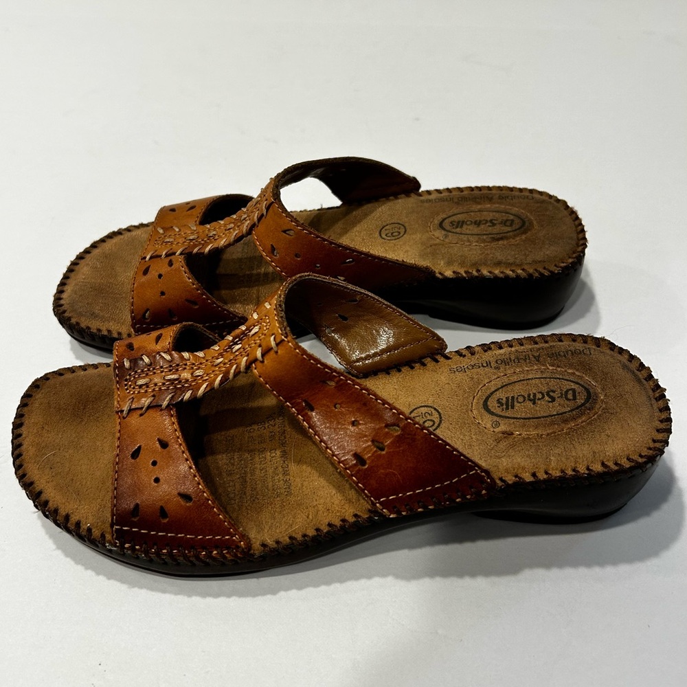 Dr Scholl's Women's Double Air Pillow Sandals Brown Leather Straps Slip on - Picture 4 of 8
